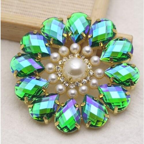 5.0cm Green red Round Flower rhinestone applique with gold base sew on rhinestones with holes dance evening dress decoration