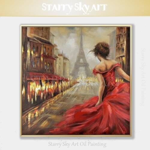 Free Shipping Hand-painted High Quality Beautiful Lady Dancing in Paris Oil Painting on Canvas Lady with Red Dress Oil Painting