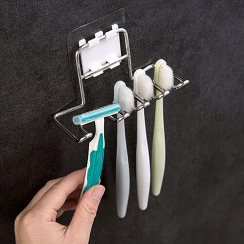 Stainless Steel Toothbrush Holder Adhesive Shaver Storage Rack Tooth Brush Shelf Toothpaste Holders Bathroom Organizer Gadgets