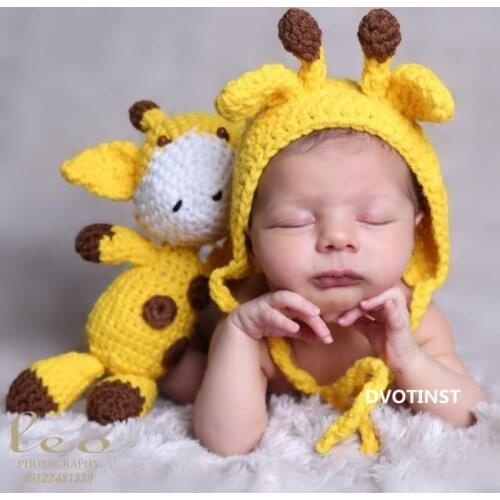 Dvotinst Newborn Photography Props Giraffe Hat+Doll 2pcs Set Crochet Knit Fotografia Accessories Studio Shoot Photo Shower Gift
