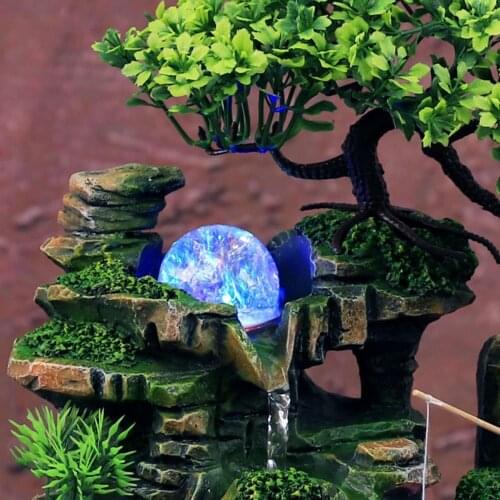 Fake Tree Fountain with LED Lights Simulation Resin Rockery Ornaments Feng Shui Waterfall Humidifier Office Bonsai Decoration