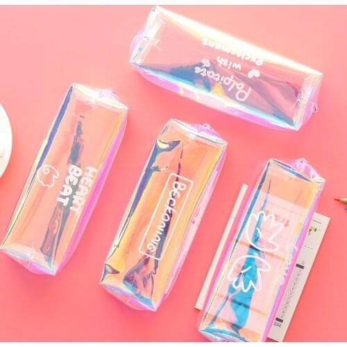 Pencil Pouches Kawaii Cool PVC Laser Pencil Case for Student Pen Pouch Storage Bags Make Up Bag Cute Office Stationery C5 D10