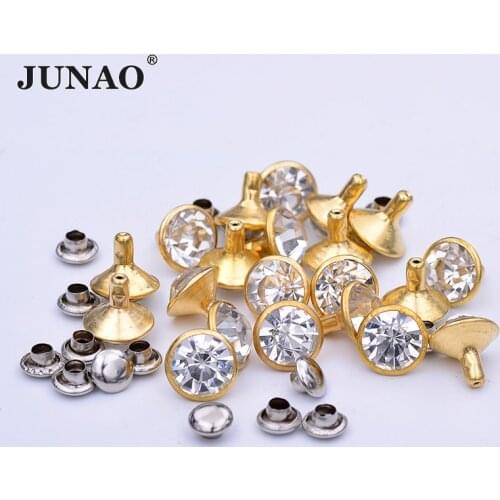 JUNAO 100pcs 10mm Gold Silver Metal Studs Spikes Decoration Brass Rhinestones Rivets For Leather Clothes Shoes DIY Crafts