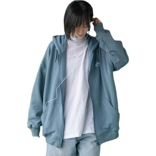 Kawaii Zip-up Thin Hoodies Women 2021 Spring Oversized Pocket Hooded Casual Sweatshirt Hip Hop Classic Hoody Tops Girl Clothing