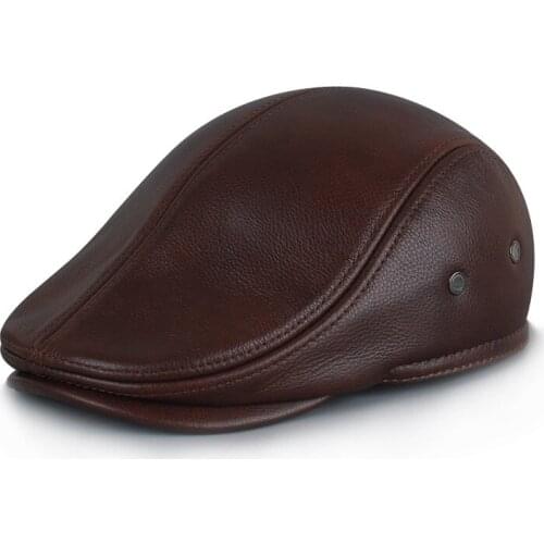 Men Real Leather Newsboy Hat Cap Beret Gatsby Flat Ivy Golf Cabbie Baker Driving Black Brown Purple Hat 904-418