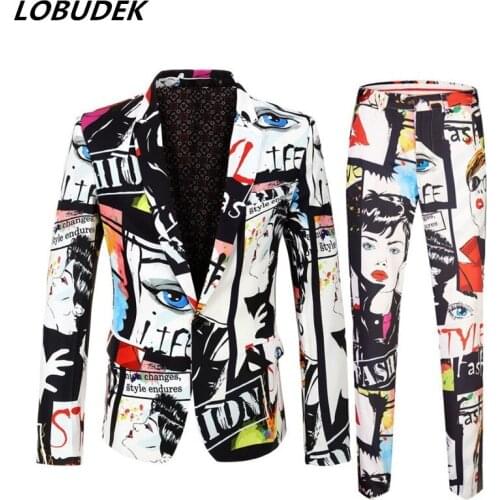 Fashion Mens Personality Print Two Piece Set (Blazer+Pants) Casual Suit Hip Hop Brand Bar Club Singer Stage Performance Clothes
