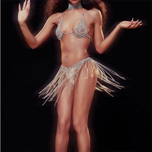 Woman Full Rhinestone Bikini Crystal Bras Shining Underwear for women Body jewelry Sexy Waist chain Strap bra Tassel skirt beach