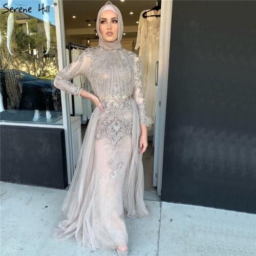 Muslim Grey Long Mermaid Lace Evening Dresses 2020 Long Sleeves Handmade Flowers Formal Dress Serene Hill LA70305