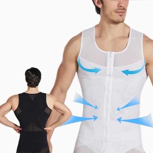 Mens Compression Abdomen Shirt for Body Shaper Slimming Vest Tight Tummy Underwear Gym Workout Tank Top with Zipper Weight loss