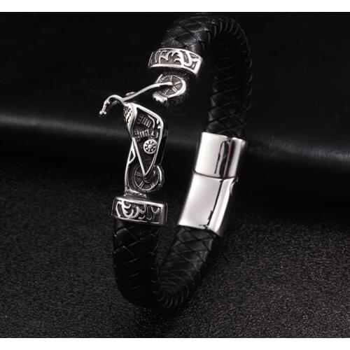 Punk Motorcycle Design Black Genuine Leather Charm Bracelets Men Boys Sporty Cuff Stainless Steel Jewelry Gift