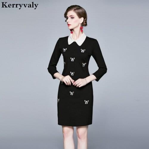 Autumn Black Embroidered Pencil Dress Vestidos Casual Mujer 2021 Elegant Women Tight Little Black Dress Vetement Femme K9156