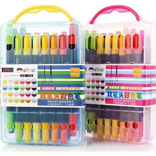 24 Colors/Set Double Head Drawing Pen Highlighters Students Painting Pen Art School Stationery Supplies Watercolor Pen