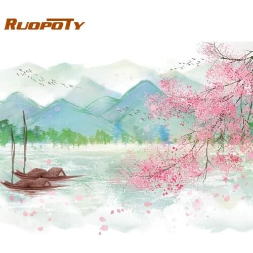 RUOPOTY Painting By Numbers Kits For Adults Diy Gift Plum Blossom On River Landscape Oil Paints Drawing Art Craft Home Decor