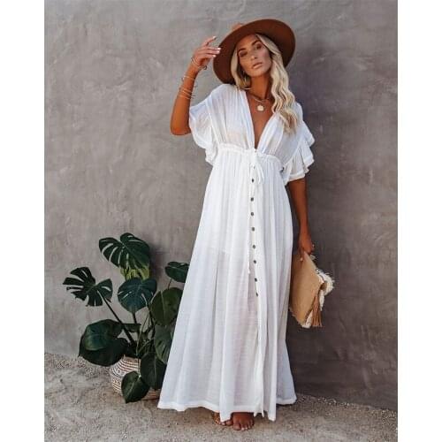 Sexy Bikini Cover-ups Long White Tunic Casual Summer Beach Dress Elegant Women Plus Size Beach Wear Swim Suit Cover Up
