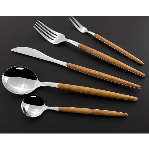 Silver Stainless Steel Imitation Wooden Handle Cutlery Set Dinnerware Clamp Western Tableware Knife Fork Tea Spoon Silverware