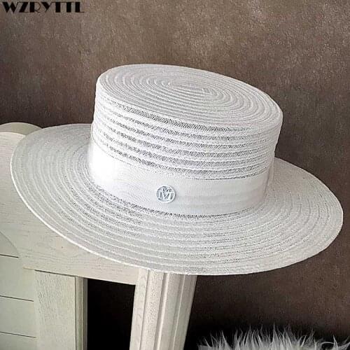 Classic Unisex Straw Fedora Derby Hat Wide Brim Beach Hat Summer Cap Sun Hat for women Men Flat Top Church Derby Cap Couple Tee