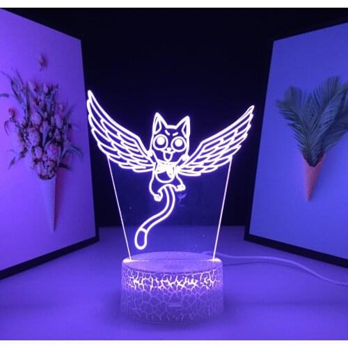 Cute Cat With Wings 3D LED Lamp Visual Illusion White Cracked Base Acrylic Light Guide Plate for Children Festival Birthday Gift