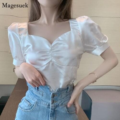 Korean Elegant White Silk Shirt Women Retro Square Collar Short Sleeve Satin Womens Blouse Fashion Ladies Tops Clothing 14639