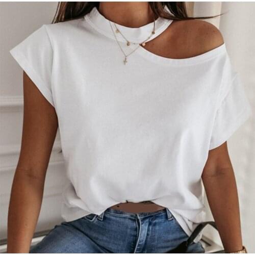 Women T shirt Off Shoulder Short Sleeve White Solid Black Ladies T shirts Halter 2020 Summer Fashion Casual T Shirts Tops Women