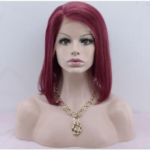 100% Real Human Hair Dark Red Bob Lace Front Wigs Short Straight Lace Frontal Wig 13*4 Swiss Lace wigs with side bangs
