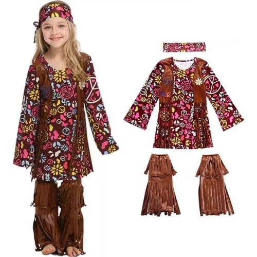 2021 Girls Halloween Christmas Cosplay Costume Baby Kids Peace Love Hippie Costume Girls Vintage Hippie Fringe Floral Dress