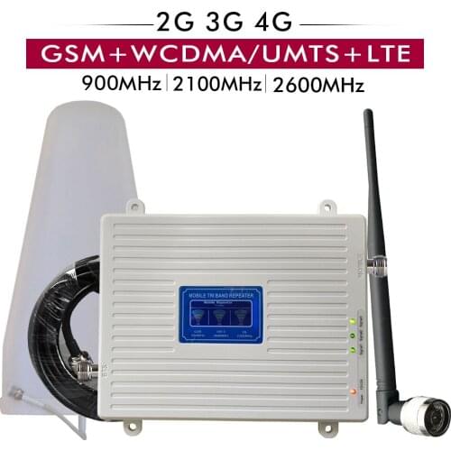 2G 3G 4G Tri Band Booster GSM 900+UMTS WCDMA 2100+FDD LTE 2600 Cell Phone Signal Repeater Cellular Signal Amplifier Antenna Set