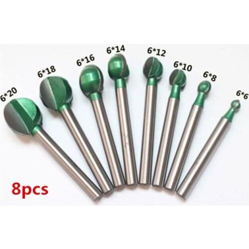 8pcs/lot 6 x 6/8/10/12/14/16/18/20mm Round Nose Wood End Mill Cutter Carving Router Bit Sets for Woodcarving Root Coffee table