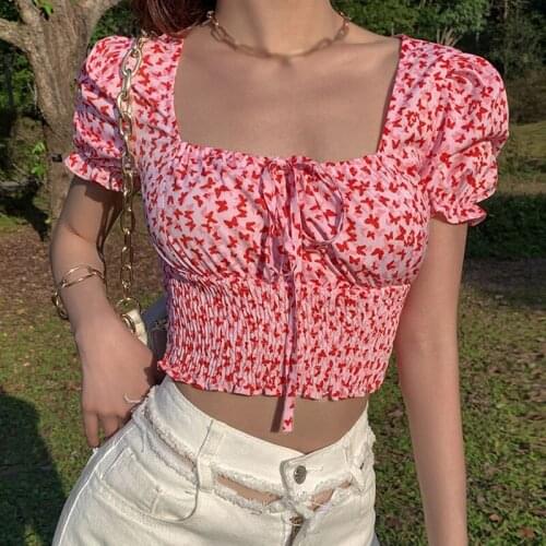 Retro Butterfly Print Blouse Slim Fit Pleat Blusas Square Collar Off Shoulder Short Sleeve Shirts Cropped Bustier Tops