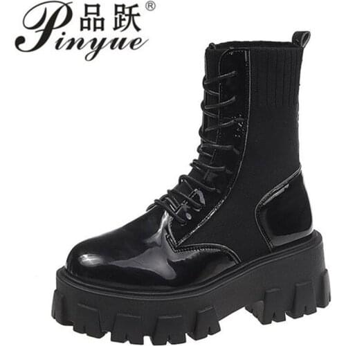 Black Patent Leather Martin Boots for Women Lace Up Platform Boots Women Non-slip Short Booties for Ladies