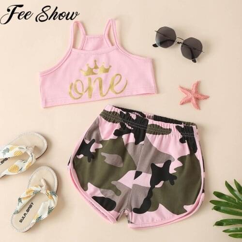 Toddler Kids Girls Clothes Set Summer Letter One Print Camouflage Sport Suits Sling Vest Crop Tops Short Pants Tracksuits Outfit