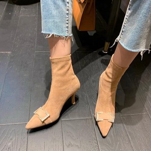Elegant Pointed Toe Womens Autumn Winter Boots Kid Suede Leather Back Zipper High Heels Shoes Woman Party Wedding Womens Boots