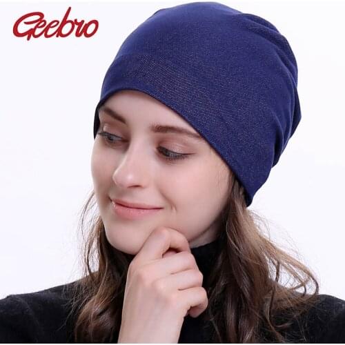 Geebro Womens Beanie Hat 2020 New Plain Cotton Jean Slouchy Beanie for Women Knitted Hats Ladies Denim Skullies Beanies Cap