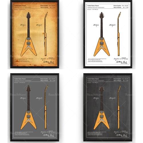 Gibson Flying V 1958 Guitar Colourised Patent Print Wall Art Poster Blueprint Gifts
