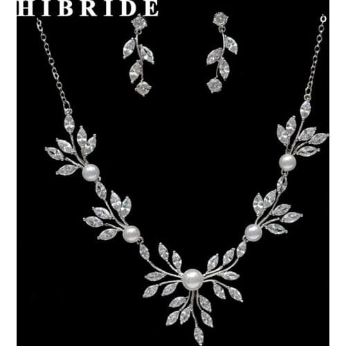HIBRIDE Beaudtiful Flower Clear Cubic Zirconia Jewelry Sets Women Wedding Bridal Necklace Earring Set Dress Accessories N-259