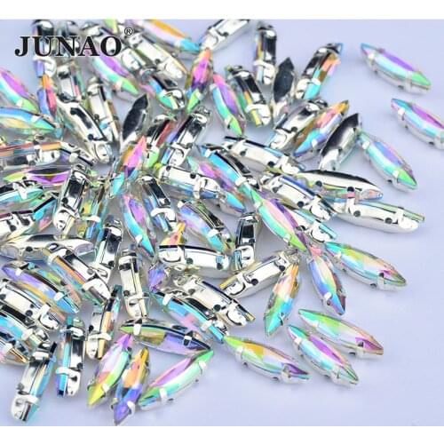 JUNAO 4*15mm Sewing Crystal AB Horse Eye Rhinestones Appliques Flat Back Acrylic Stones Sew On Silver Claw Crystals Beads