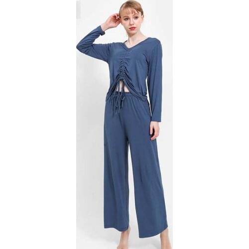 Two Piece Set Modal Long Sleeve T-shirt Womens Autumn Loose Size Large Base Shirt Pajamas Suit High Waist Wide Leg Pants Plus