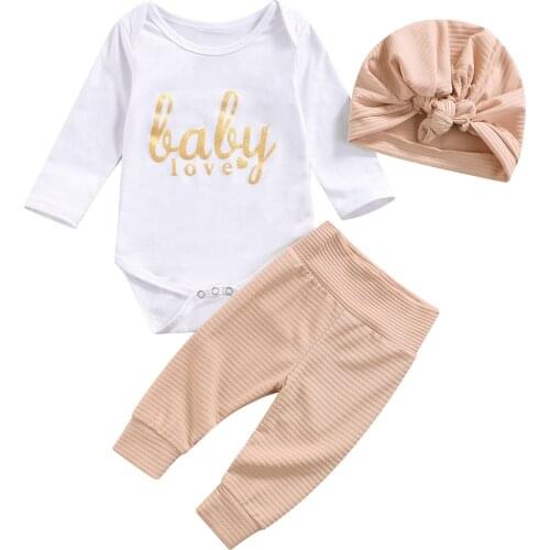 2021 0-24M Infant Girl Clothing Set BABY LOVELY Letter Print Long Sleeve Romper+Solid Color High Waist Pants+Hat Sweet Fall 3pcs