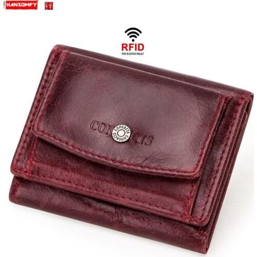 RFID Anti-Theft Brush Genuine Leather Womens Wallet Multi-Function Tri-Fold Mini Purse card holder wallets ladies small