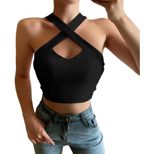Summer Women Sexy Crop Tanks Tops Solid Color Cross Hanging Neck Short Camisole Hollow Slim Vest