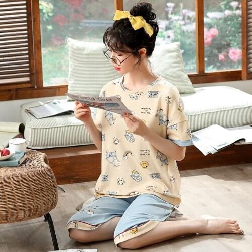 Ladies Pure Cotton Cute Girls Round Neck Short-sleeved Home Wear Cartoon Sleepwear Spring And Summer Casual Fashion Sleepwear