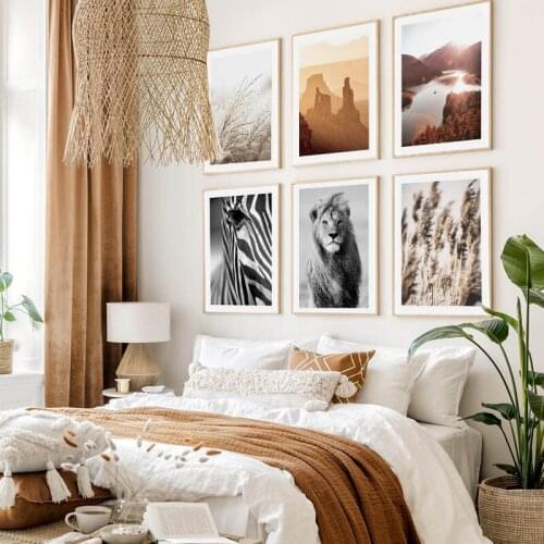 Mountain Sunset Nordic Nature Landscape Poster Lion Zebra Canvas Painting Art Print Scandinavian Wall Picture Living Room Decor