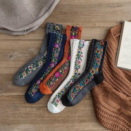 5 Pair Women Socks Retro Court Ethnic Style Sock Cotton Mid Personality Socks Women Floral Crew Dropshipping Christmas Gift