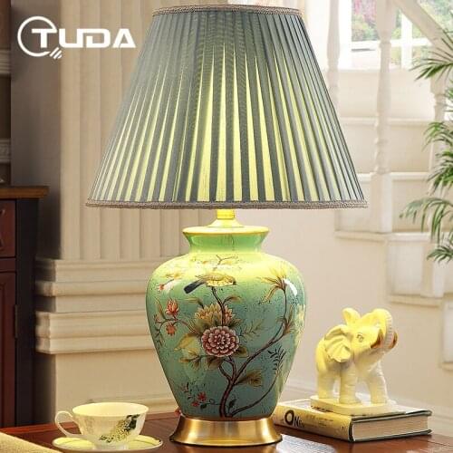 TUDA New Chinese Blue Fower and Birds Ceramic Table Lamp for Bedroom Living Room Ceramic Classical Bedside Lamp Night Light