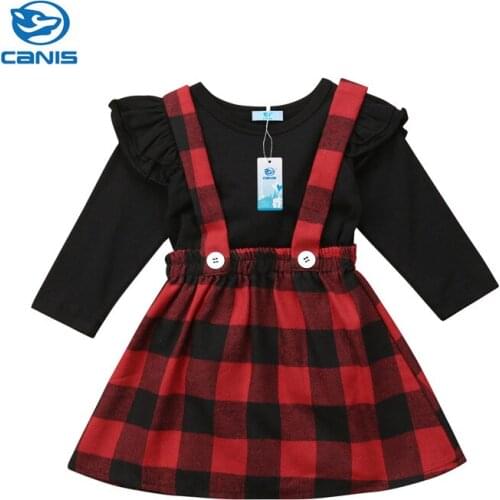 0-4Y Toddler Kids Baby Girls Christmas Gift Fly Long Sleeve T-shirt Tops+Red Plaid Suspender Skirts 2PCS Girls Clothing Set