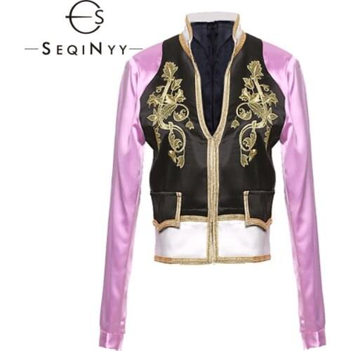 SEQINYY Short Jacket 2020 Autumn Spring New Fashion Design Long Sleeve Golden Embroidery Flowers Women Slim Top