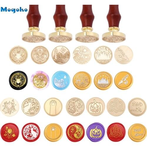 Mogoko 25mm 30mm Wax Sealing Stamps Retro Wood Classic Spider Flower Cat Sealing Wax Stamp Seal Stamp Wedding Envelope Card Deco