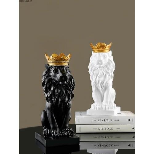 Modern Resin Crown Lion Sculpture Crafts Ornaments Black and White Animal Statue Figurines Gift Entrance Living Room Decoration