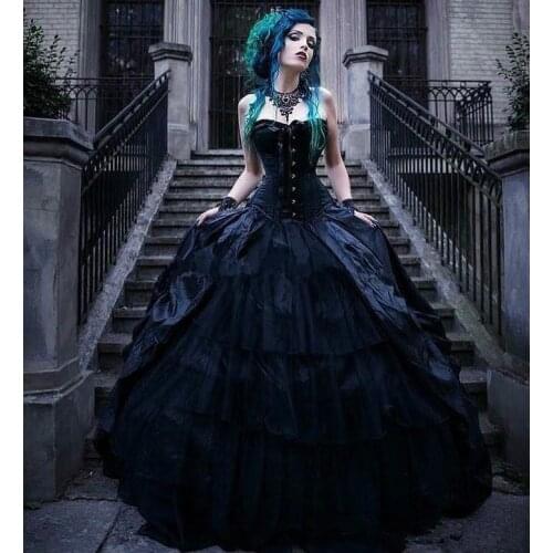 Vintage Black Victorian Gothic Wedding Dresses Corset Strapless Princess Punk Style Country Wedding Dress Plus Size Tiers Skirt