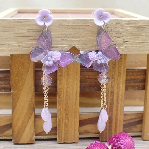 Zerong Ejewlery Amethyst dangling earring butterfly longer crystal earring for women fashion jewelry accessories flower earring