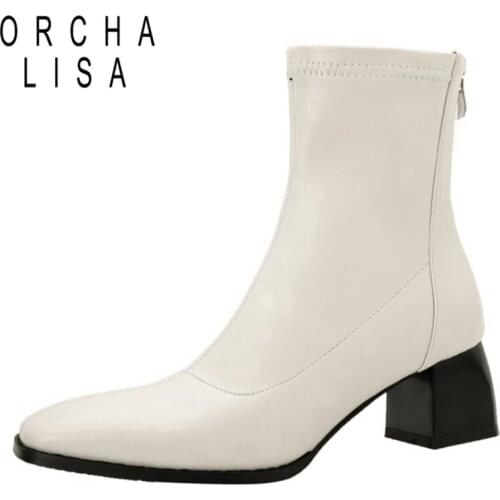 ORCHALISA 2021 New Designer Brand Ankle Boots for Women Stretchy Sock Bootie Zip Round Toe Square Low Heel Black White 43 S2426